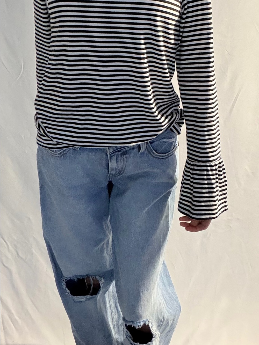 Halogen Black & White Striped Crew Neck Top with bell sleeves size M